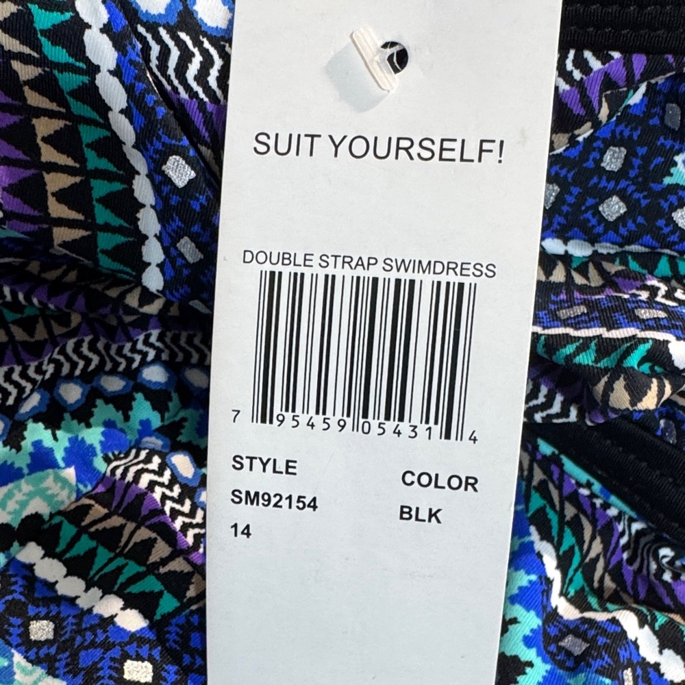 “Suit Yourself” Double Strap Blue, Black, Purple Patterned Swimdress Size 14 - Picture 7 of 8